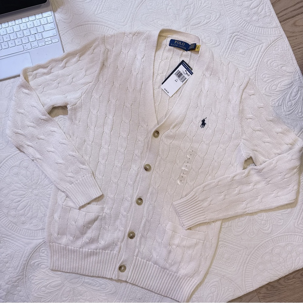 Polo by Ralph Lauren Cream Cable Knit Cardigan with Navy Logo